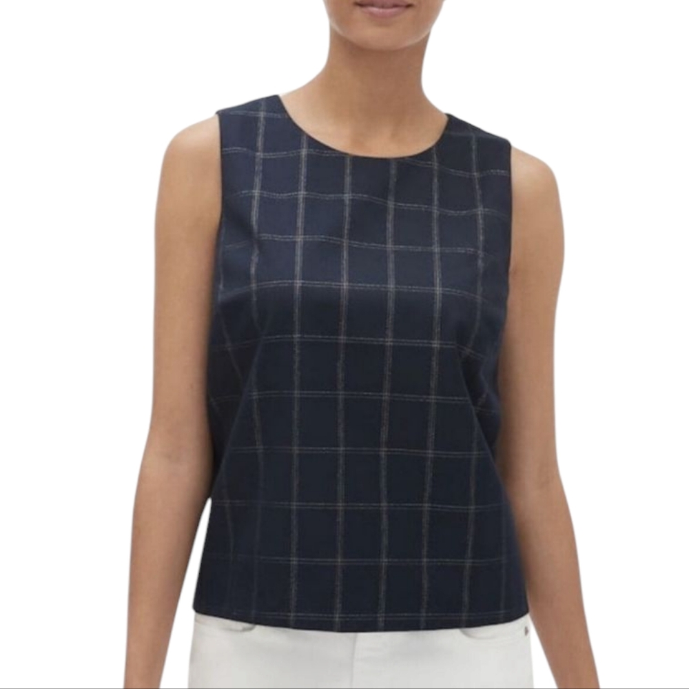 NWT Banana Repablic Plaid Shine Shell  Navy Blue  Checkered Sleeveless Top